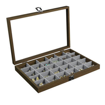 Organisateur de bijoux en bois 30 avec couvercle transparent: plateau à bijoux rétro pour boucles d'oreilles, bagues, colliers, bracelets, rangement pour bijoux avec séparateurs en velours amovibles, gris