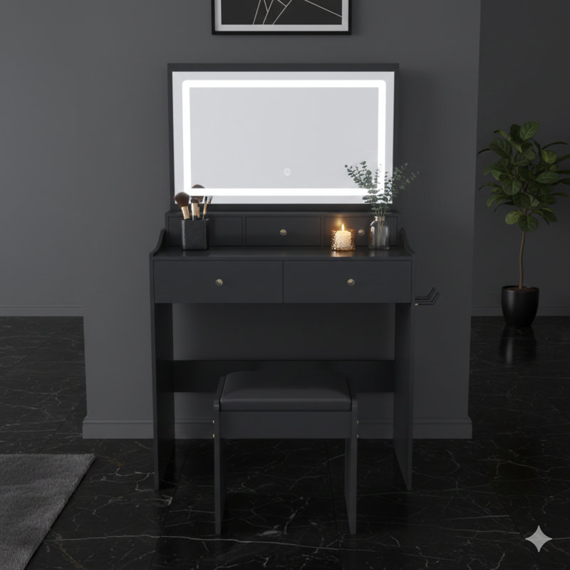 New Expansive Mirror Vanity Desk For Bedrooms, Contemporary Makeup Vanity Set Equipped With A Power Outlet And A Hairdryer Holder. Features Five Drawers And Lighting With Three Adjustable Color Options For A Bedroom Dressing Table, In Black.