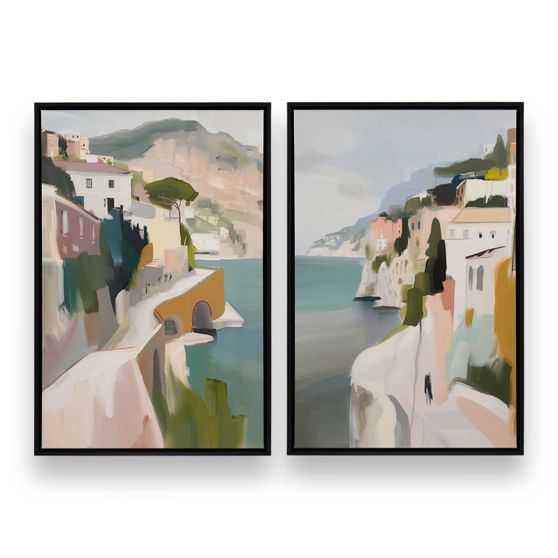 Ensemble de 2 estampes Cliffside Coastal Path, Cadre flottant noir satiné, 30 po x 20 po