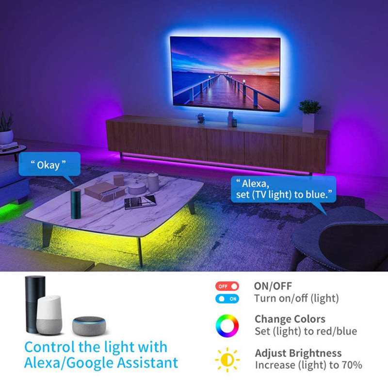 Bande lumineuse 16,4 pi Smart Wi-Fi RVBW avec télécommande et contrôle des applications multicolore