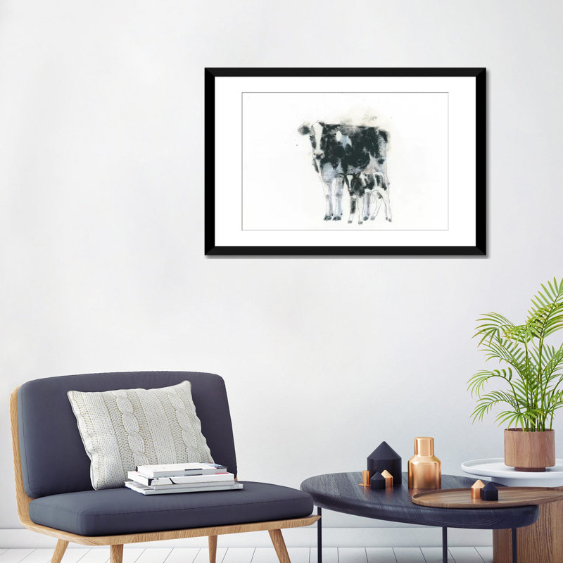 Vache et veau, impression sur toile tendue, H 24 po x l 32 po x P 1 po, Papier d'art encadré noir, Blanc