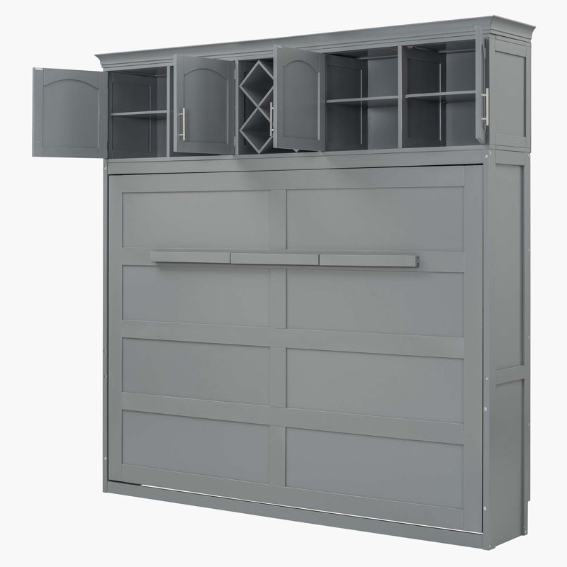 Grand lit escamotable polyvalent avec armoires et porte-bouteilles pour optimiser l'espace, Gris