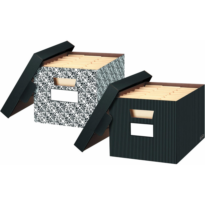 Boîte de 4 boîtes de rangement pour dossiers STOR / classeur à usage moyen, pliable, couvercle amovible, lettre / légal, rayures noires / grises