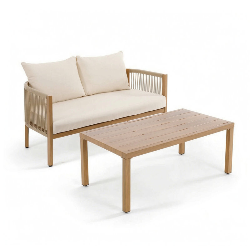Causeuse d'extérieur avec table basse, Crème