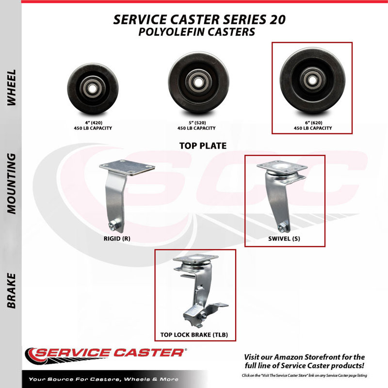 6 Inch Polyolefin Swivel Caster Set with Ball Bearings and Brakes SCC