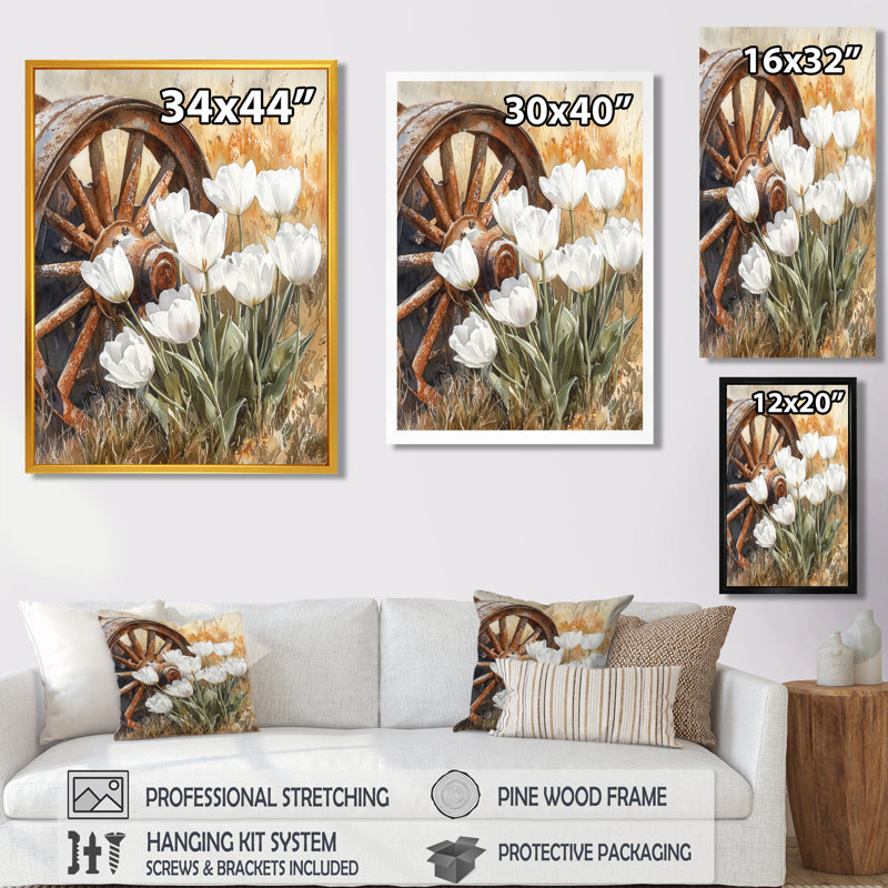«Tulips By The Wagon Wheel II - Tulipes», reproduction sur toile encadrée, H 32 po x l 24 po, Blanc