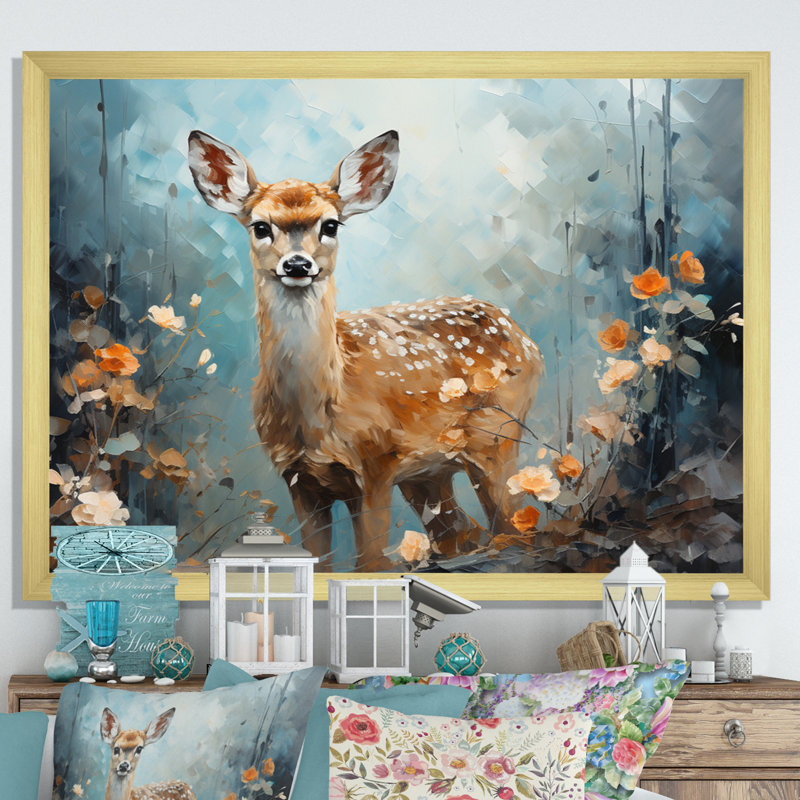 Art sur toile, "Deer Graceful Fawn Collage III", Cadre doré simple, H 30 po x l 40 po x P 1,5 po