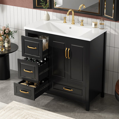 36 Inch Bathroom Vanity With Sink, One Cabinet With Soft-Closing Doors, 4 Soft-Closing Drawers, Metal Handles