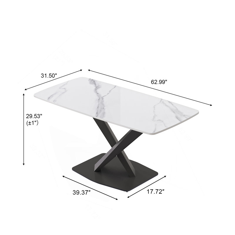 63"Modern Artificial Stone White Curved Black Metal Leg Dining Table -6 People, Black, White, 29.53" H x 63" W x 31.5" D