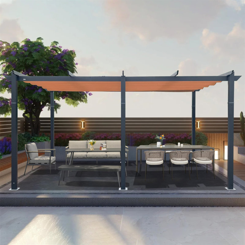 Pergola rétractable d'extérieur de 11 x 16 pi avec abri de jardin en aluminium pour terrasse, Kaki