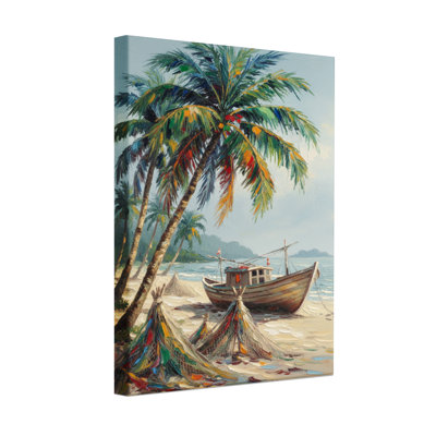 Plants &Flowers Beach Scene With Palm Trees And A Boat