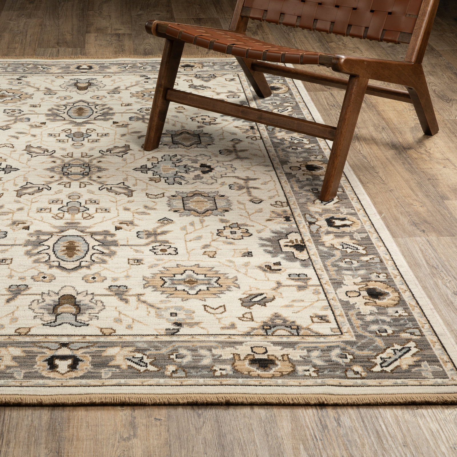 Abena Beige Gray Bordered Oriental Wool Rug, Rectangle 2' x 3'
