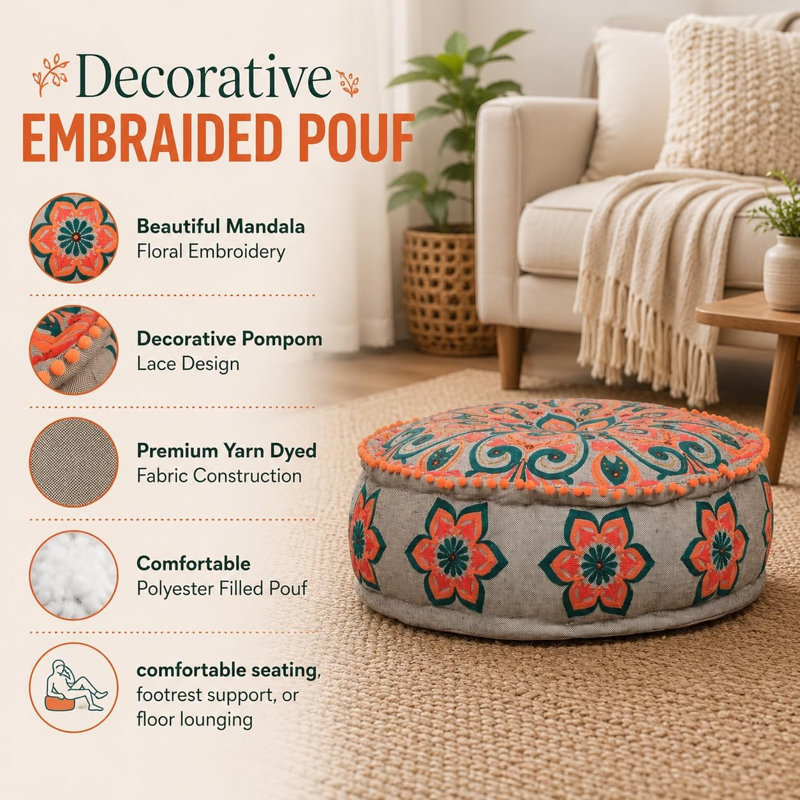 Repose-pieds Mandala avec pompons 24 po x 8 po | Repose-pieds brodé à motif floral