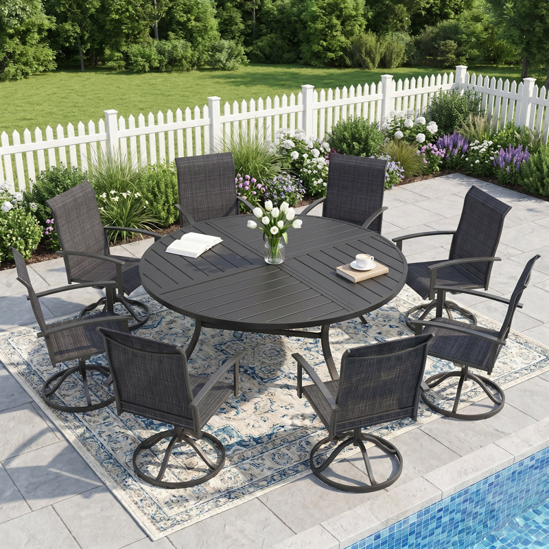 Ensemble repas d'extérieur pour 8 personnes avec chaises pivotantes 8 personnes, Noir/gris anthracite