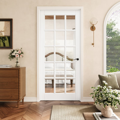 32" X 80" 15-Lite Clear Glass Interior Prehung Door With Black Hinges, Clear Glass Door Slab With Frame, Interior Door As Pantry Door, Bedroom Door, Laundry Door, Closet Doors, Room Doors, Left Hand