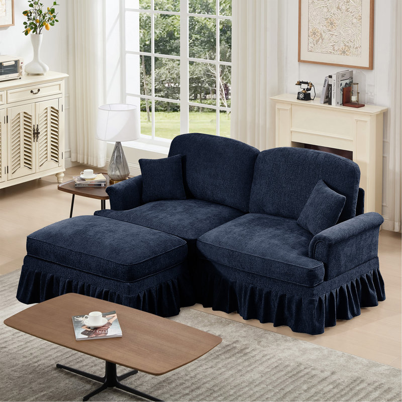 Elegant Mid Century Large Two Seater Modular L Shaped Sofa Couch with Flared Arms and Removable Ruffles Pleats Skirts and Spindle Legs,Comfy Chenille Loveseat Sofa with Movable Ottoman,Blue
