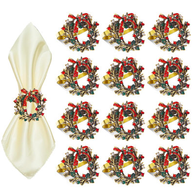 Christmas Wreath Napkin Rings Set Of 12, Holiday Rhinestone Christmas Napkin Ring Holders For Cloth Napkins, Napkin Buckle For Thanksgiving Holiday Dinner Table Decor