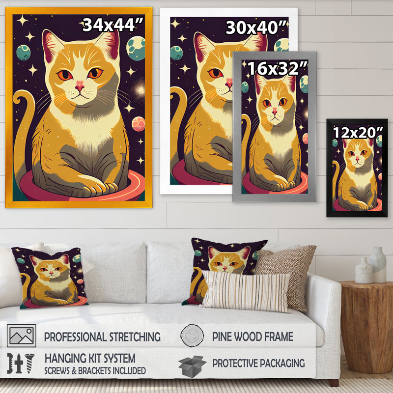 Dessin d'un joli chat jaune dans l'espace - reproduction sur toile, Impression noire sur toile encadrée, L 30 po x H 40 po