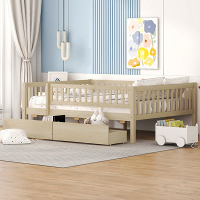 Lit de jour double en bois naturel avec deux tiroirs - Fabrication en pin massif pour la durabilité de la chambre à coucher.
