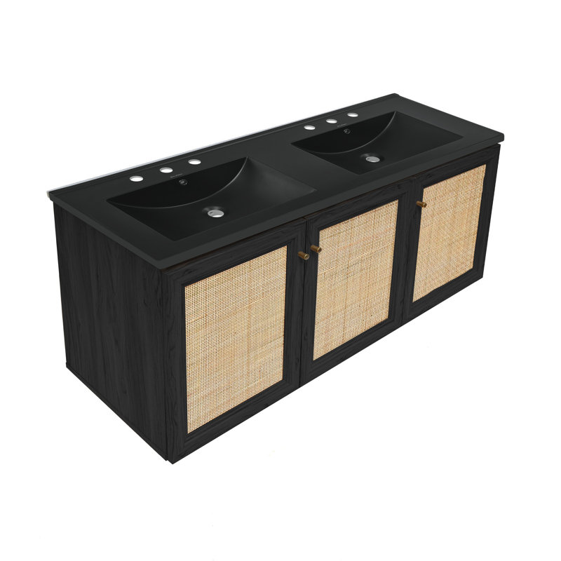 Ensemble de meuble-lavabo mural en chêne avec lavabo à double cuve Classe 48, Noir, noir, noir, noir, Noir, noir, noir, noir