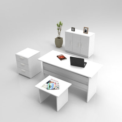 Modern Office Furniture Set (5 Pieces), White | Includes Study Desk (55.1 x 28.7 x 23.6 in), Coffee Table (23.6 x 18.1 x 18.1 in), Multi-Purpose Cabin