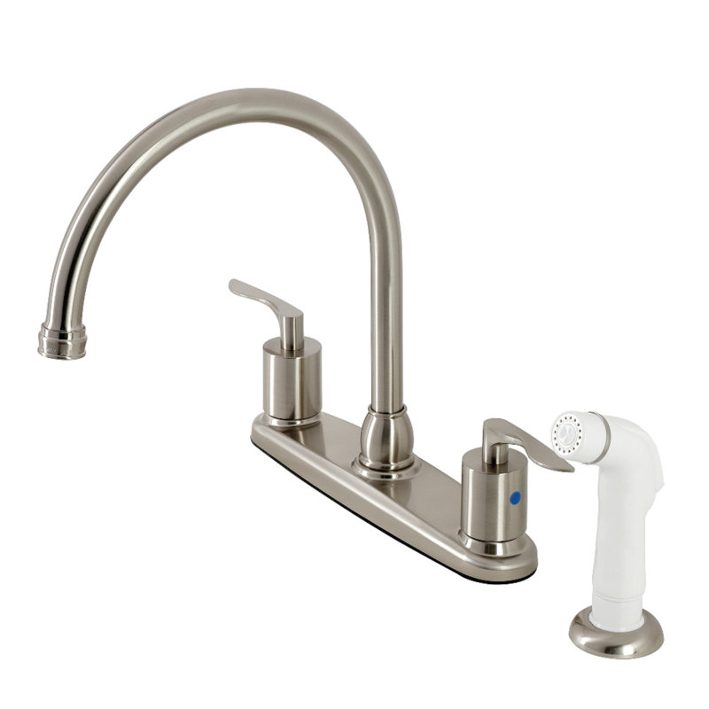 Kingston Brass Serena Two-Handle 4-Hole 8" Centerset Kitchen Faucet with Plastic Side Sprayer, Brushed Nickel