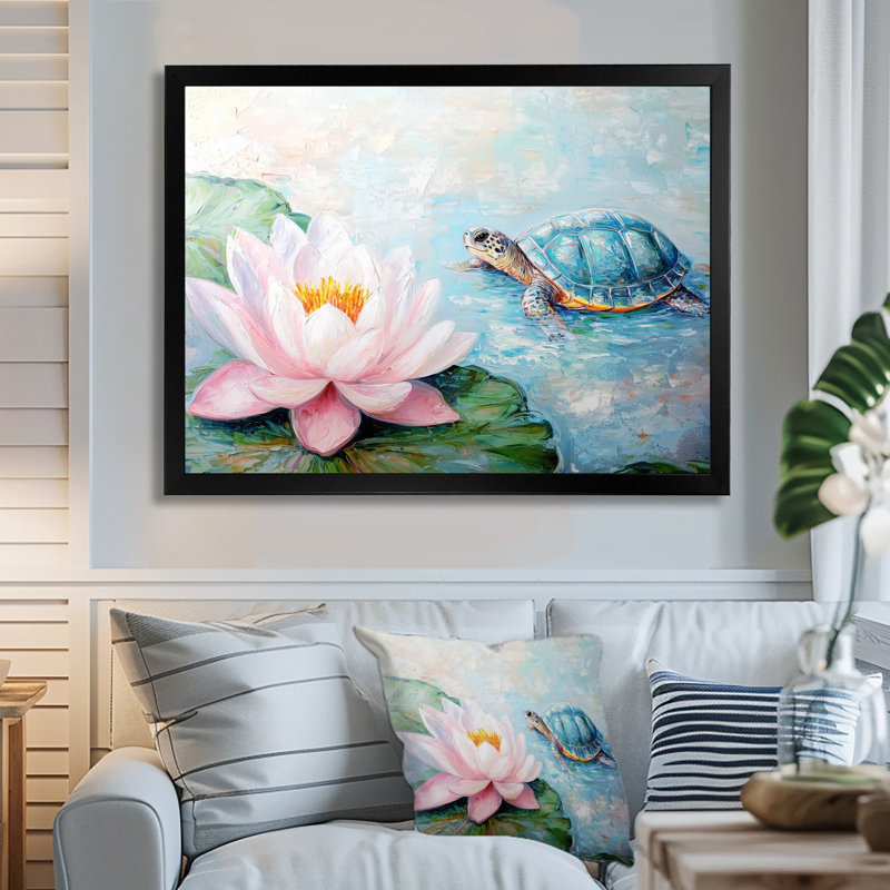 «Turtle In The Water Lily II», reproduction sur toile, H 16 po x l 32 po, Reproduction encadrée d'une seule photo sans pass