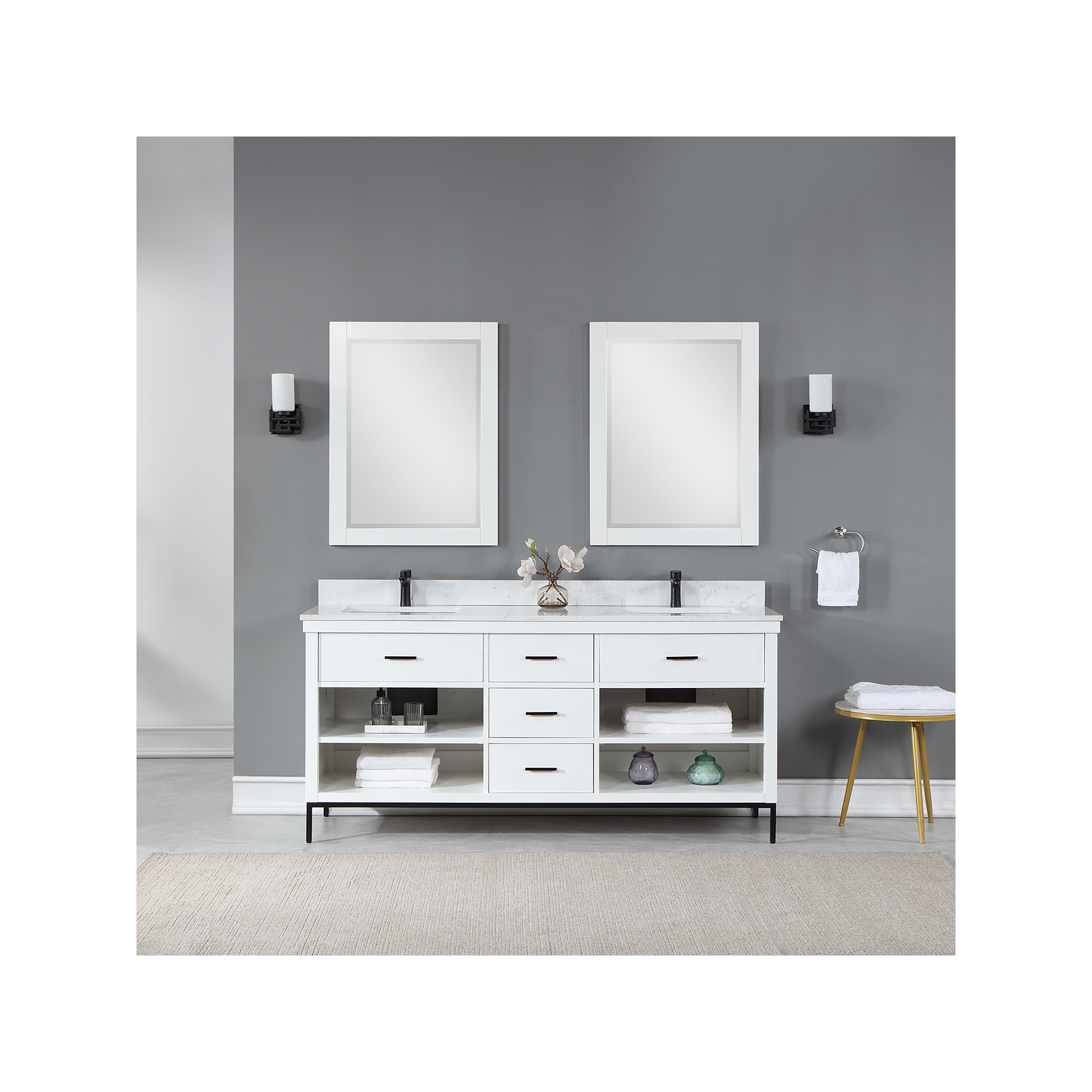 Kesia 72'' Double Bathroom Vanity, White, Matte Black