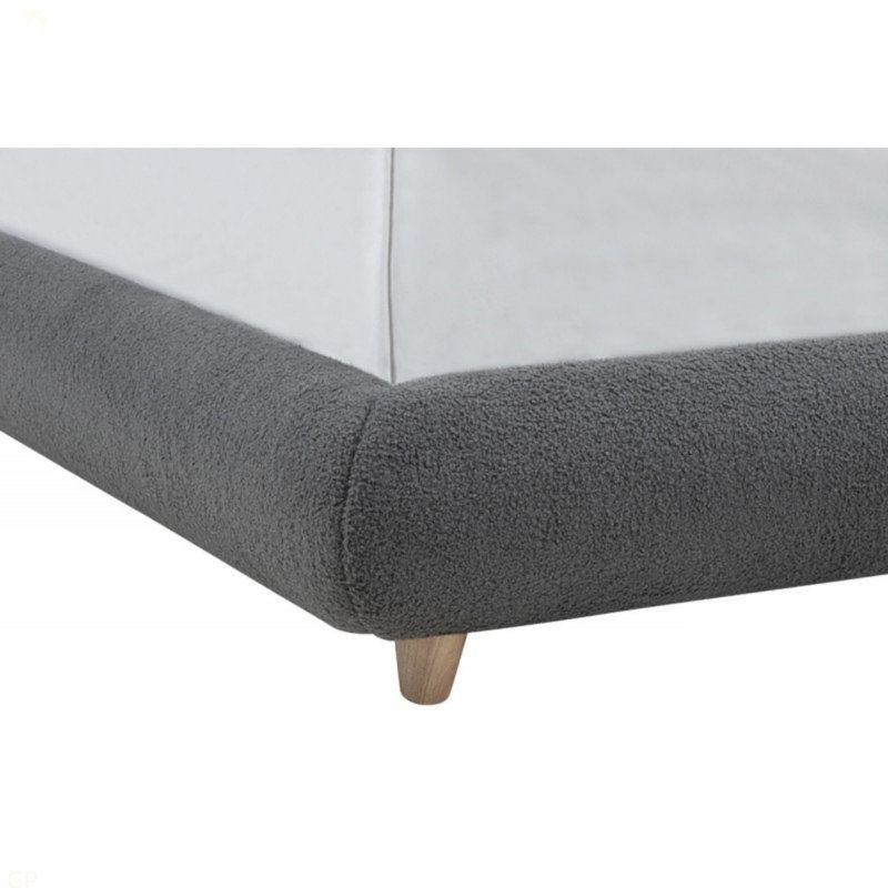 Grand lit plateforme contemporain à profil bas avec structure en bois et lit en tissu molletonné doux, Gris
