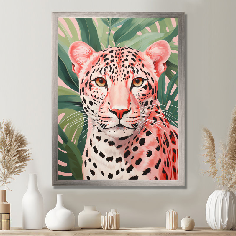 Vert et rose léopard, élégance tropicale V - impressions sur toile léopard, Cadre flottant blanc, H 32 po x l 16 po x P 1 po