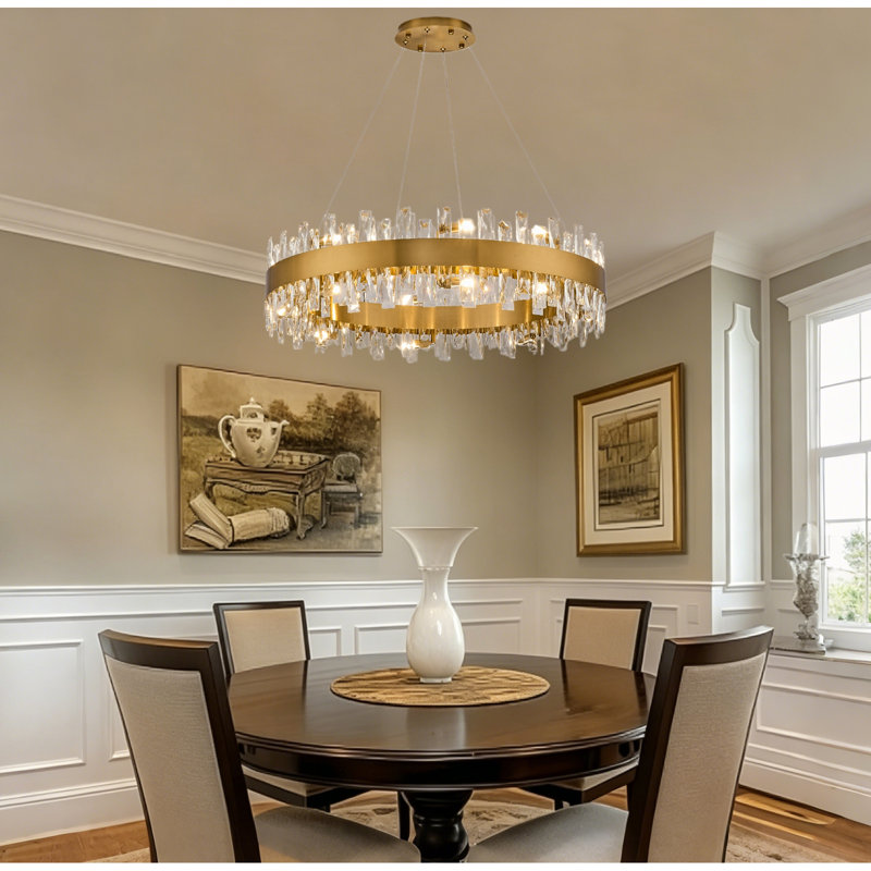 31.5 Inch Gold Dimmable Round K9 Crystal Chandelier with Adjustable Height for Dining Room Kitchen Bedroom, Gold, 16