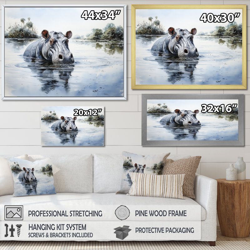 «Afrique Hippos Serenity II», reproduction sur toile, H 30 po x l 40 po x P 1,5 po, Cadre flottant doré