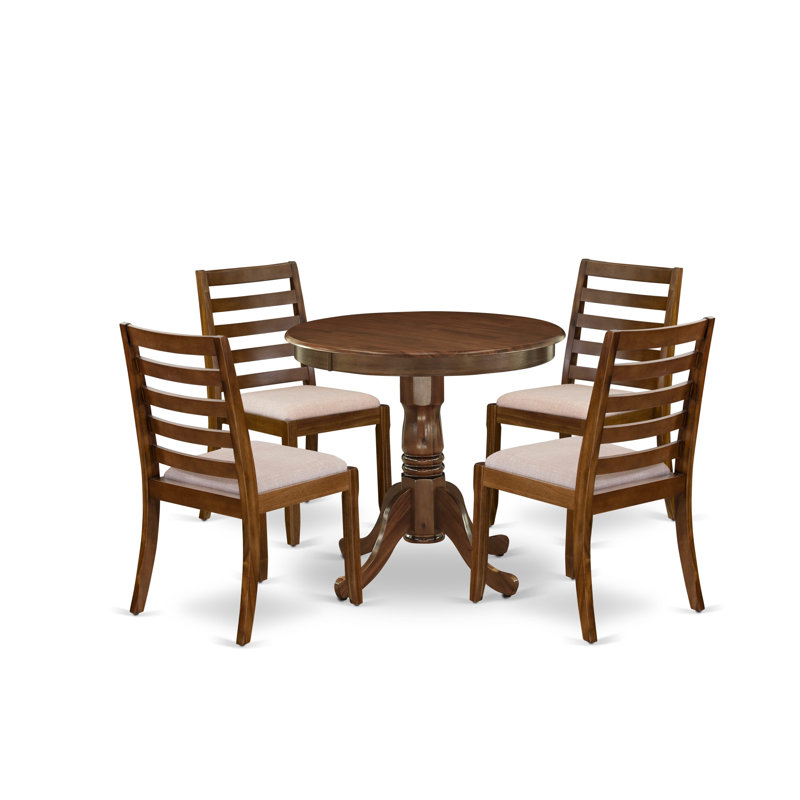 Ensemble de salle à manger 5 pièces comprenant une table de cuisine ronde avec plateau en noyer antique et 4 chaises empilables en tissu de polyester, noyer antique