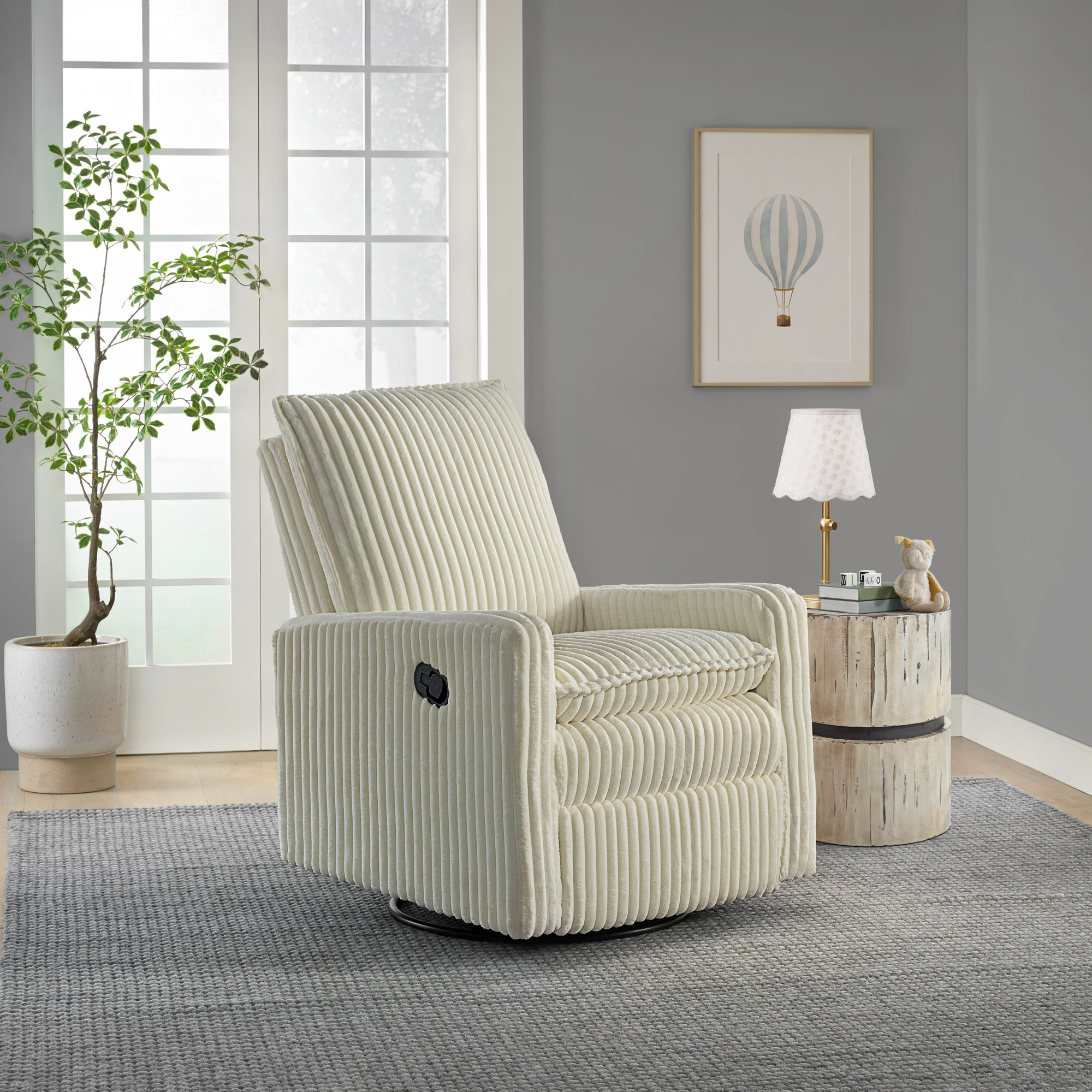 Oxford Baby Uptown Upholstered Glider Recliner Rocking Chair Swivel for Nursery & Living Room, Pearl White Corduroy