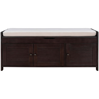 Rustic Storage Bench With 3 Shutter-Shaped Doors, Removable Cushion, And Spacious Hidden Compartments