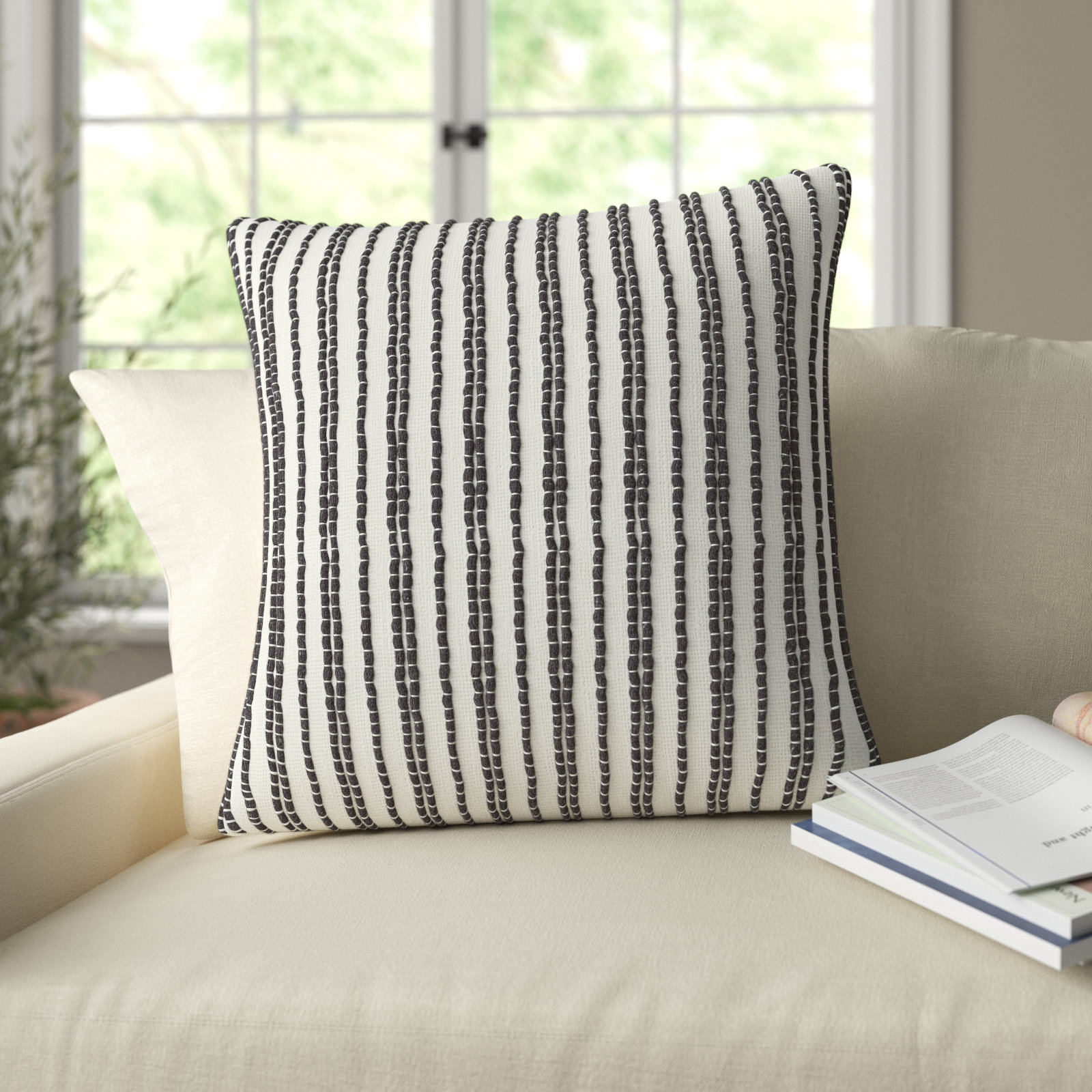 Amora Embroidered Cotton Pillow Cover, 20" x 20", Pillow Cover Only - No Insert, White/Dark Gray