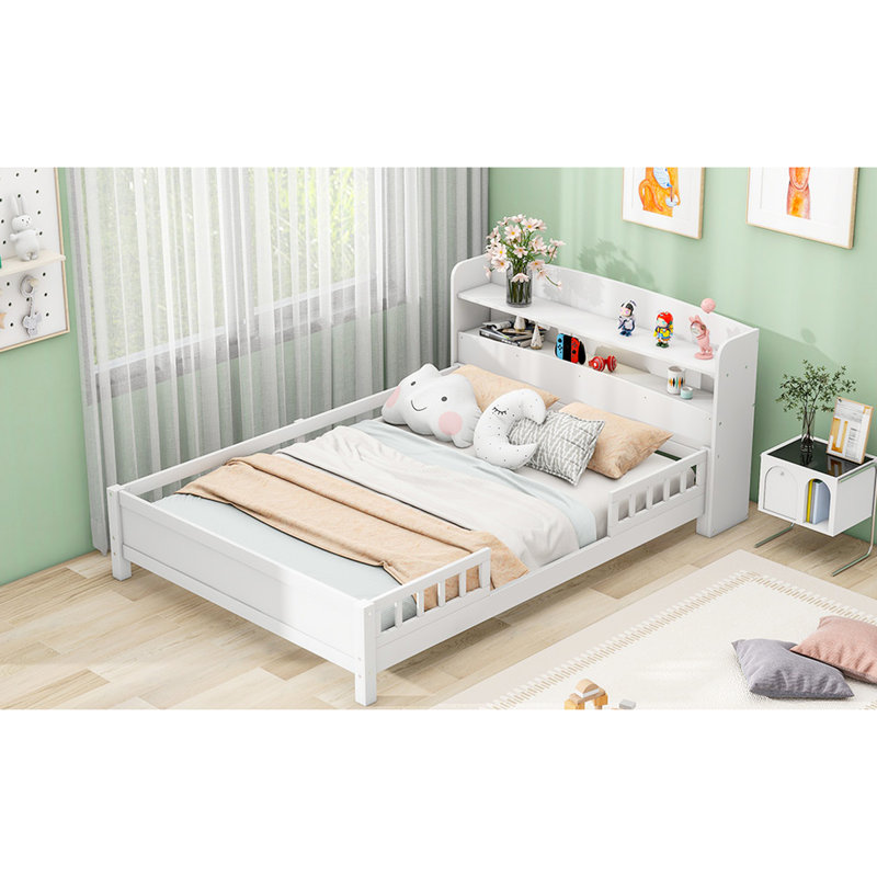 Lit plateforme en bois avec DEL, rangement pour tête de lit et garde-corps blanc, Lit double, Blanc