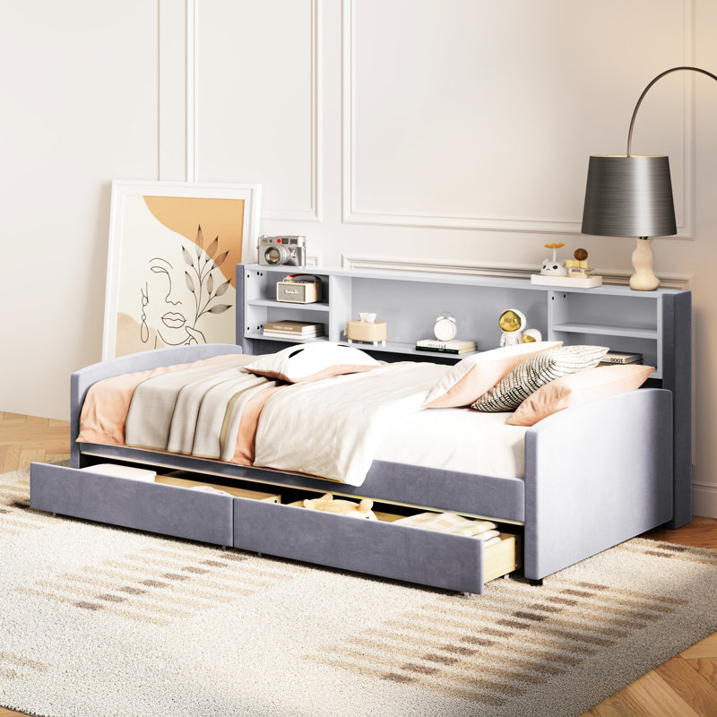 Lit plateforme tapissier simple gris - Revêtement en velours, nombreux espaces de rangement, avec, Gris
