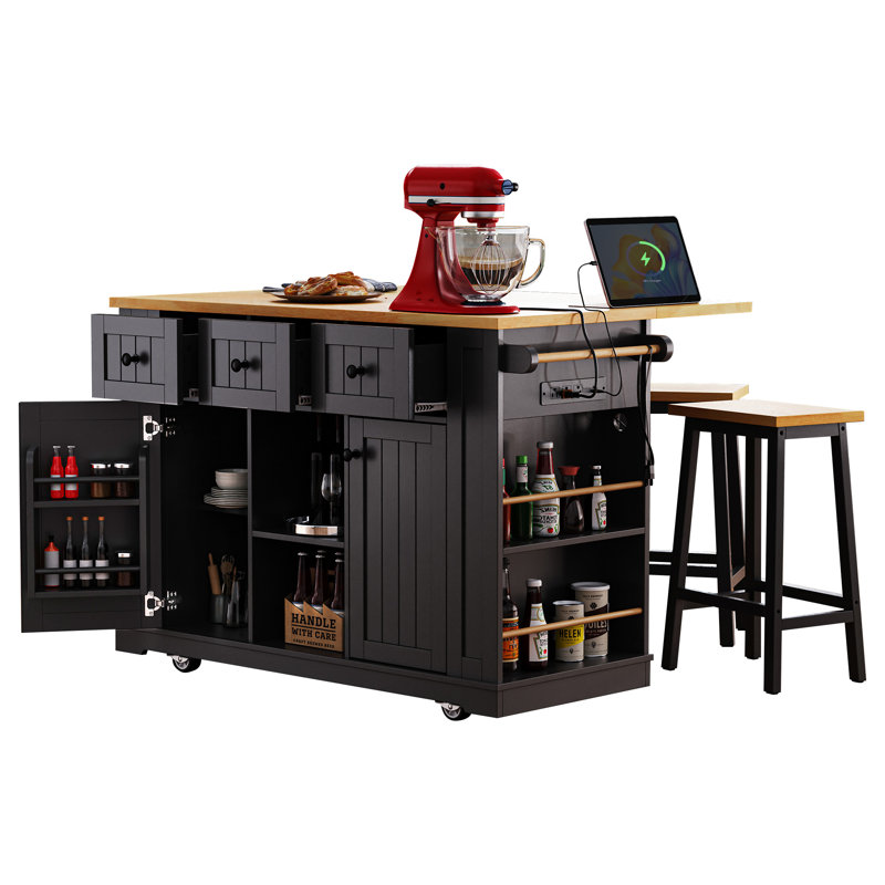 53" Large Kitchen Island With 2 Bar Stools, Storage Cart On Wheels, Drop Leaf, Power Outlets, 3 Drawers & Side Racks,Black