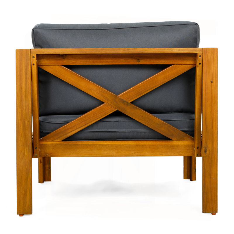 Outdoor Acacia Wood Club Wooden Armchair With Cushions (Set Of 4), Conversation Set,Suitable For Outdoor Gatherings,Teak Finish,Dark Grey Cushion