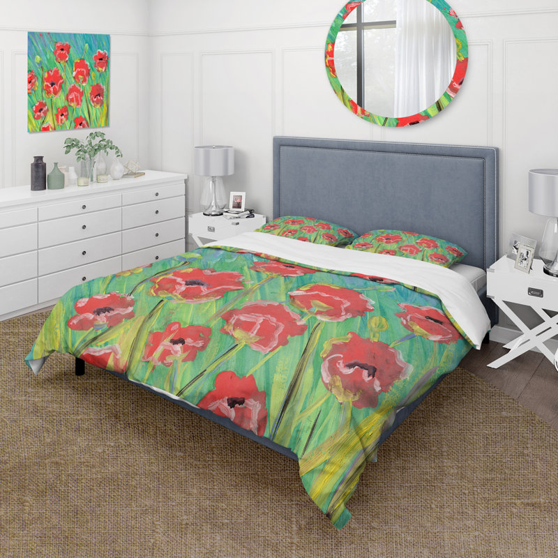 Gouache de Blooming Poppies - ensemble de housse de couette traditionnel - microfibre de polyester