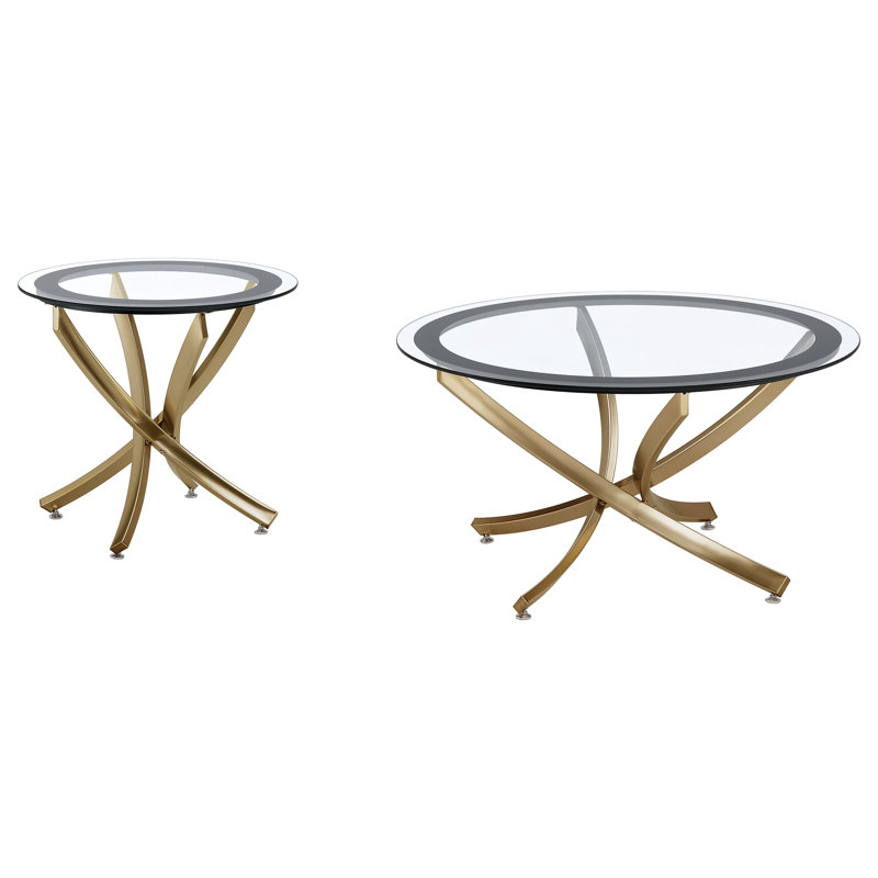 Cherline Round Glass Top Coffee Table Set, Gold, 2 Pieces: End Table, Coffee Table