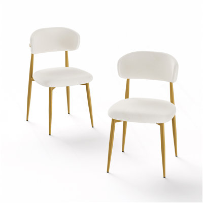 Ensemble de 2 chaises de salle à manger, chaises de cuisine modernes avec rembourrage doux, chaises de restaurant de ferme avec dossiers courbés et pieds en métal, pour les salles à manger et les cuisines, blanches et dorées.