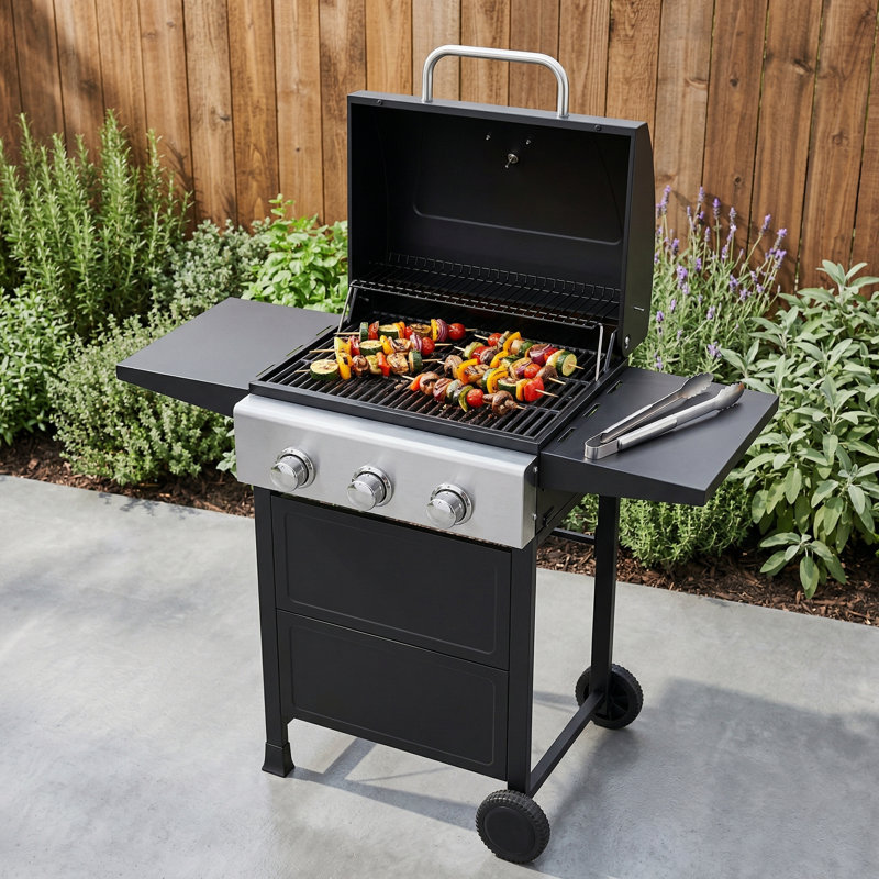 Un barbecue au propane à trois brûleurs avec une puissante flamme de 30 000 BTU, une surface de cuisson de 472 pouces carrés et des tablettes pliantes doubles, parfaites pour la terrasse ou le patio.