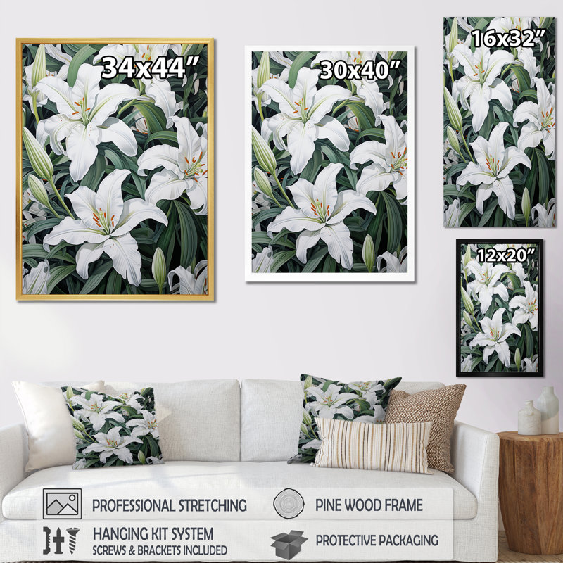 Sérénade blanche, beauté des lys - impressions sur toile lys, Cadre flottant doré, H 40 po x l 30 po