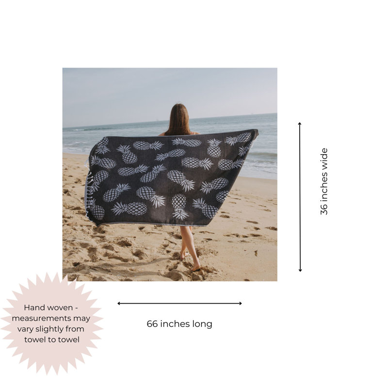 Chanyah Pineapple Turkish Peshtemal, Sand Resistant Organic Cotton Beach Towel, Soft, Thin & Lightweight, 69" x 39", Black