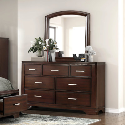 Modern Cherry Finish Dresser Mirror Set Curve Design With 7x Drawers Smooth Glides Transitional Bedroom Furniture 1pc