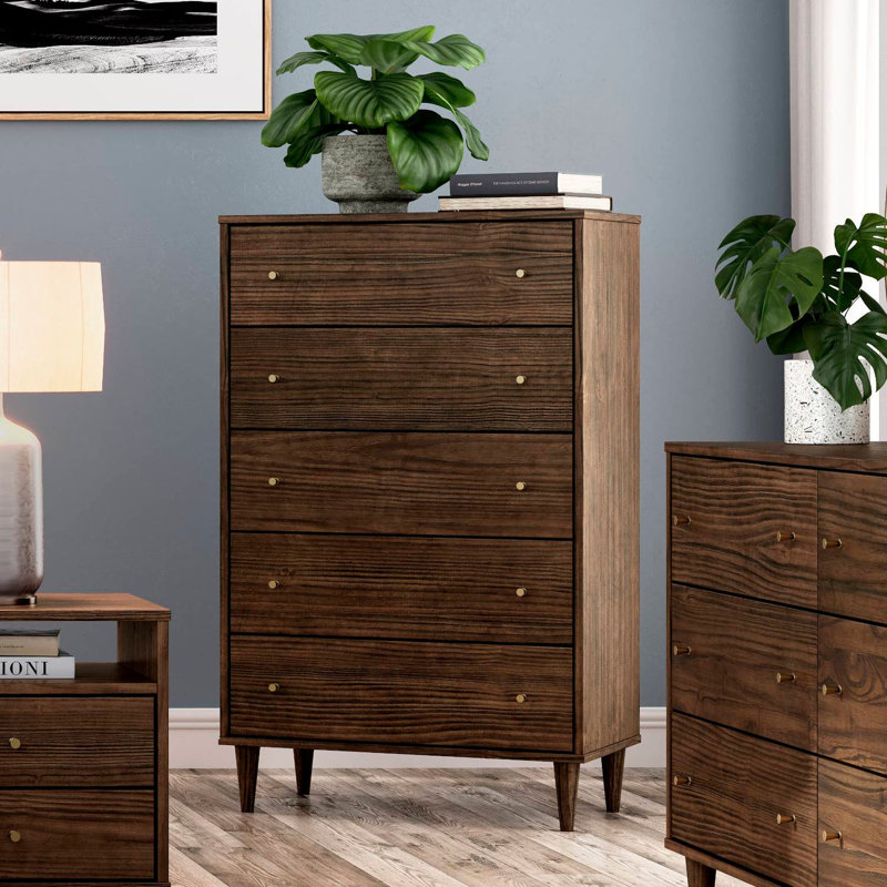 Mid Century 5-Drawer Chest, Brushed Walnut
