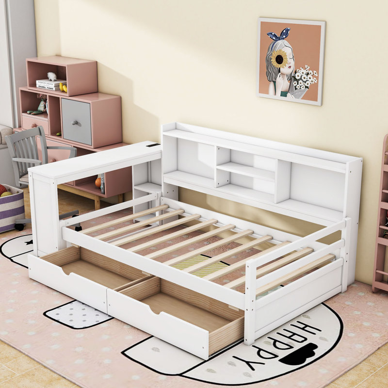 Twin Size Wooden Daybed with Built-in Bookcase and Desk,Drawers, White