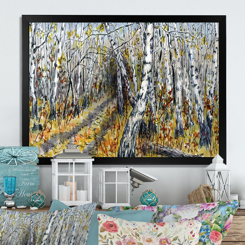 Chemin à travers la forêt de bouleaux - reproduction sur toile avec cadre flottant, Cadre noir, H 8 po x l 12 po x P 1 po